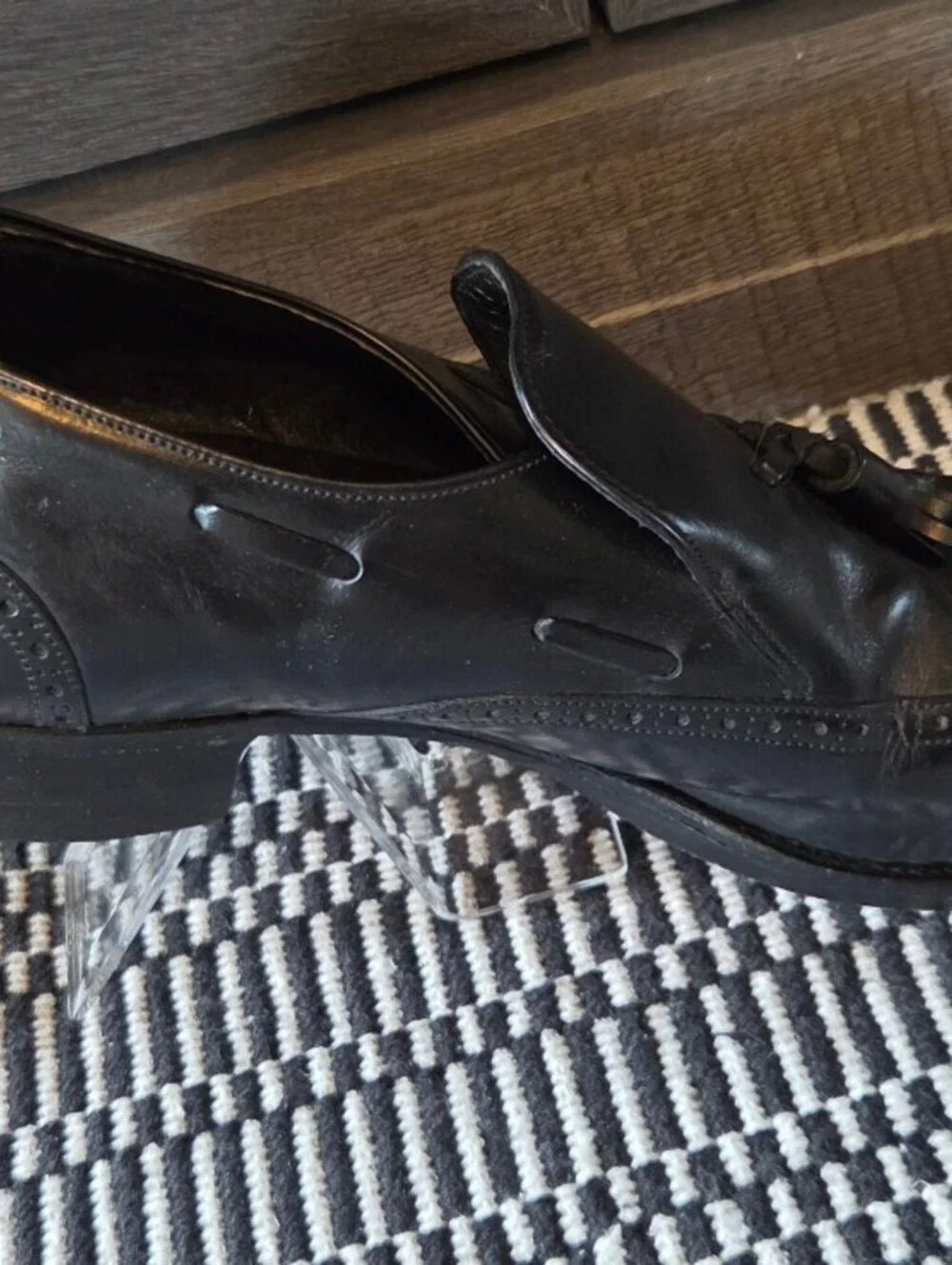 French Shriner Sterling Mens 11 E Black Leather Wingtip Tassel Slip-on Loafers